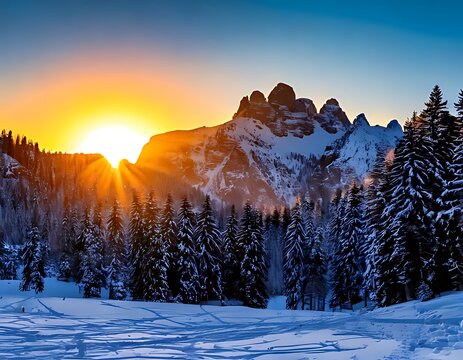 Winter sunset over snowy mountains