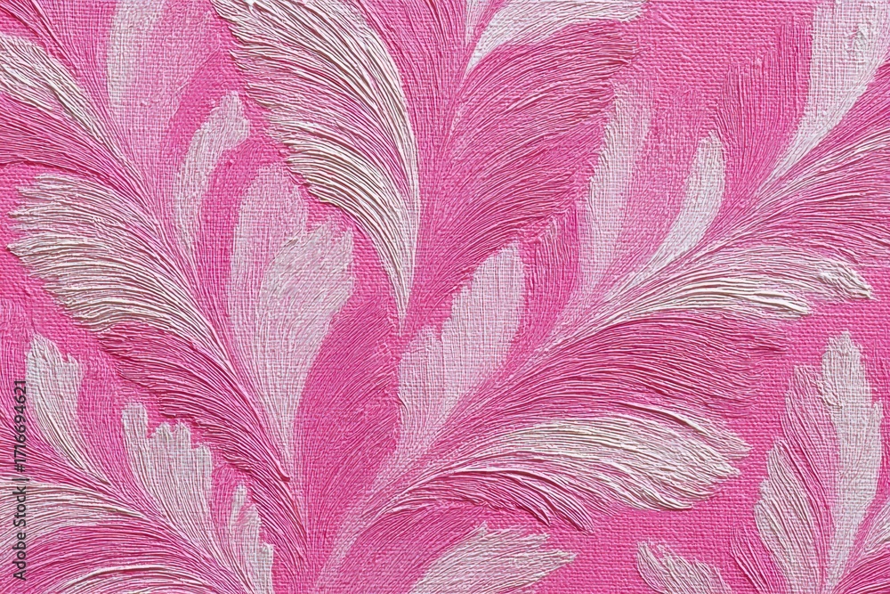 Poster a vibrant pink textured background with stylized floral patterns, reminiscent of abstract feathers a