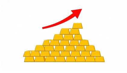 A pyramid of gold bars with a red arrow pointing upwards on a solid white background. A concept of financial growth and success