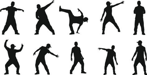 Hip hop dance silhouette, street dancer vector, breakdance clipart, urban choreography poses, freestyle movement illustration, modern dance icons, performance art