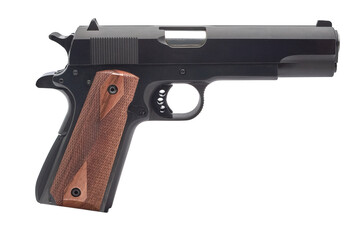 Double-barrel 1911-style pistol, twin-barrel handgun on a transparent background