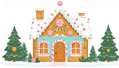Fototapeta premium A cheerful and colorful gingerbread house decorated with candies and frosting on a snowy landscape, symbolizing Christmas, holidays, warmth, and traditional winter celebrations.