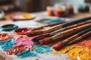 Naklejka premium A close-up view of a vibrant artist's palette with assorted colorful paints and paintbrushes, capturing the creative process and artistic tools in detail.