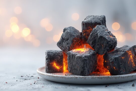 A close-up of glowing charcoal briquettes stacked on a plate, emitting heat and light, against a blurred bokeh background, ideal for grilling or BBQ concepts.