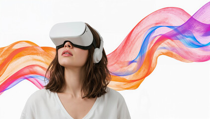 Immersive virtual reality concept showing young woman in white VR headset, gazing upward with abstract orange, pink, blue, and yellow flowing digital art background