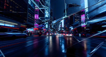 Abstract chrome stripe background with sharp, angular reflections of a bustling cityscape at night, featuring car headlights and building lights create with ai
