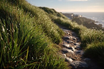 A scenic trail through a lush green hillside, adorned with dew-kissed grasses, leading towards the ocean and a distant coastal town, bathed in soft morning light.