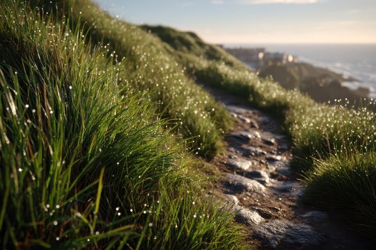 A scenic trail through a lush green hillside, adorned with dew-kissed grasses, leading towards the ocean and a distant coastal town, bathed in soft morning light.
