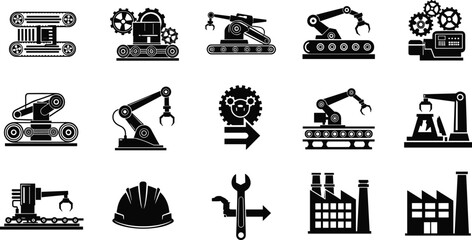 Industrial robot arm silhouette, automation machinery icons, factory production equipment, robotic technology vector, engineering tools, manufacturing process illustration