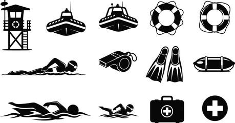 Lifeguard and swimming safety icons set, rescue equipment, lifebuoy, swimmer, whistle, fins, first aid, lifeguard tower, vector illustration