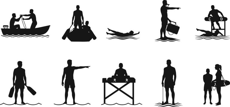 Lifeguard silhouettes, water rescue, beach safety, emergency response, lifeguard tower, rescue tube, teamwork, swimming, training, coordination, fins, raft, drowning prevention, lifeguard gear, 