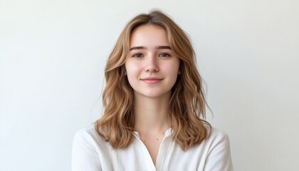 Fototapeta premium The image shows a teenage girl with shoulder-length light brown wavy hair smiling subtly at the camera while wearing a white collared shirt against a bright white background.