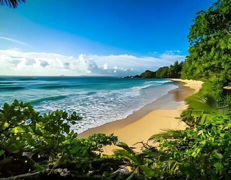 Tropical beach scene with lush vegetation - Powered by Adobe