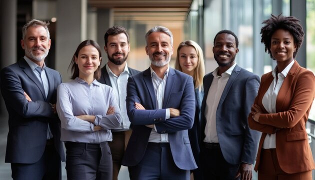 A diverse group of business professionals stands together, arms crossed, smiling at the camera in a modern office setting.