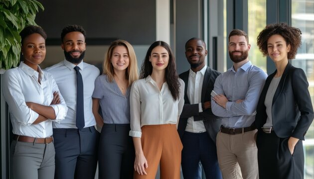 A diverse group of smiling business professionals stand together, showcasing unity and collaboration in their workplace.