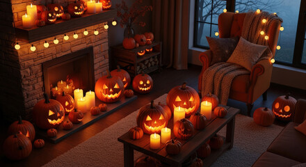 Cozy Halloween home interior with pumpkin decorations, candles, and soft lighting