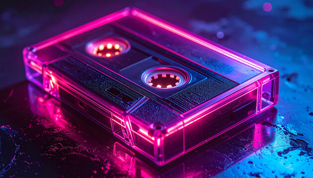 Retro cassette tape isolated on dark background, vintage music and tech concept.