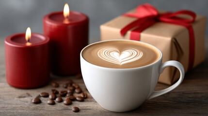 Romantic coffee moment with heart latte art, enjoying a warm cup of cappuccino, surrounded by flickering red candles and a thoughtful gift, symbolizing love and celebration
