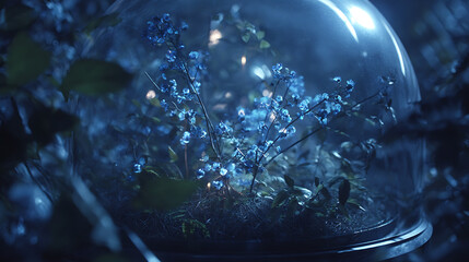 Closeup of a plant inside a glass dome with blue lighting and a dark background