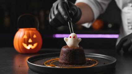 Chef decorating halloween chocolate dessert with a cute ghost character for a spooky holiday party, celebrating autumn traditions with festive sweet food