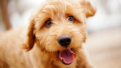 Golden doodle puppy gazes with wide, engaging eyes and a joyful expression, tongue slightly out in a soft focus outdoor headshot that highlights fluffy golden fur and charm