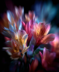 Purple flowers with motion blur effect. Dreamy and abstract floral background for art project.