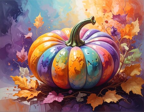 Vibrant painted pumpkin surrounded by autumn leaves