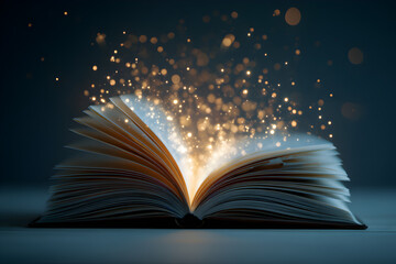 Open book releasing magical glowing particles and light