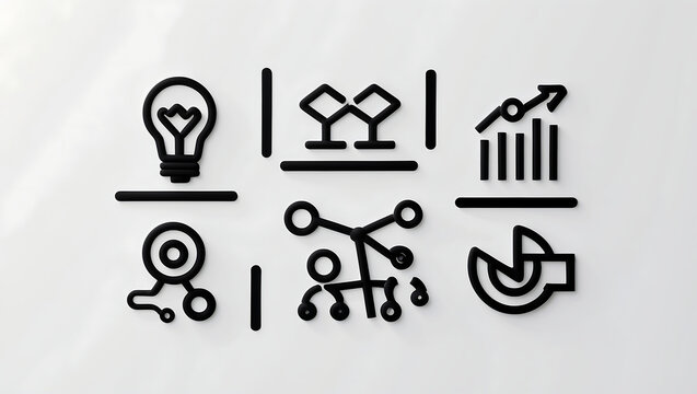 Abstract business concept with icons for data analysis, strategy, innovation, and process optimization