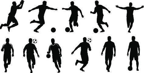 Silhouettes of male soccer players, kicking, dribbling, heading, running, standing, ball control, athletic pose, football action, sports movement