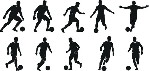 Naklejka premium Soccer silhouette collection, player kicking, dribbling, running, football poses, black vector icons, dynamic motion, athletic sports design elements