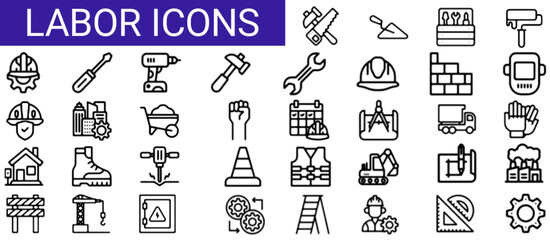 Labor Web Icon Set in Line Style. Collection of Construction Linear Icons, Including labour day, renovation, repair, work tools, materials, workers, building, business and more. Editable Stroke