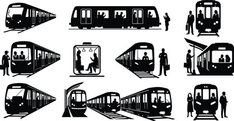 Subway train and passenger silhouette set, urban commute, station scenes, black white vector illustration, public transport and travel