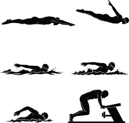 Swimmer silhouette, swimming styles, dive start, freestyle, butterfly, backstroke, athlete swimmer, goggles, swimming pool, sports training