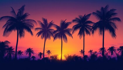 The illustration shows a row of palm trees silhouetted against a colorful sunset sky, with the sun partially visible behind the trees.