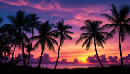 The illustration shows a row of dark palm trees silhouetted against a vibrant sunset sky over a tranquil body of water.