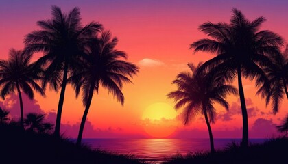Obraz premium The illustration shows several palm trees silhouetted against a vibrant sunset over calm ocean water, with colorful clouds in the sky.
