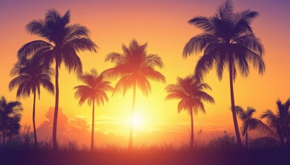 The illustration shows several palm trees silhouetted against a vibrant sunset, with the sun partially visible behind them, set against a backdrop of grass and a partly cloudy sky.