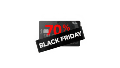 A black friday sale advertisement featuring a credit card with a seventy percent discount offer