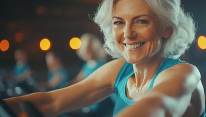 A happy mature woman with short gray hair is participating in a fitness class, smiling at the camera while exercising.