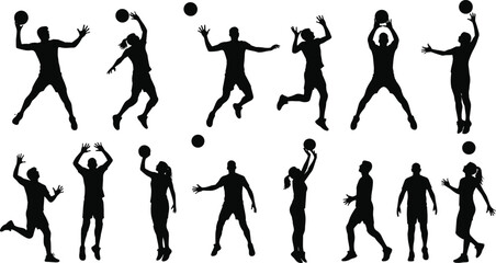 Volleyball silhouettes, athletic poses, spike, block, serve, jump, ball action, black figures, dynamic movement, sports vector, training illustration