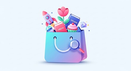 Happy shopping bag filled with colorful toys and treats