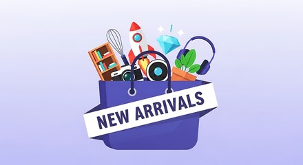 Shopping bag filled with new arrival items and a banner that says new arrivals