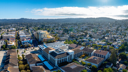 aerial drone view of downtown Monterey, California with city 