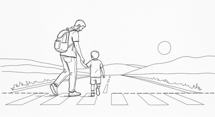 Father and Son Crossing Road Line Art - Family Hiking Sketch with Travel Safety Illustration