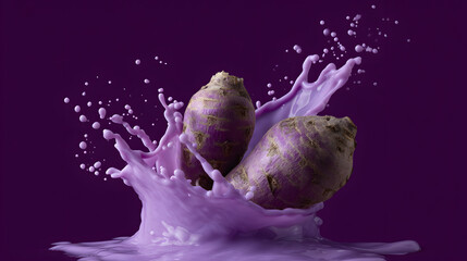 Vibrant Taro Root Splash: Taro root, in a dazzling display of purple color in the air
