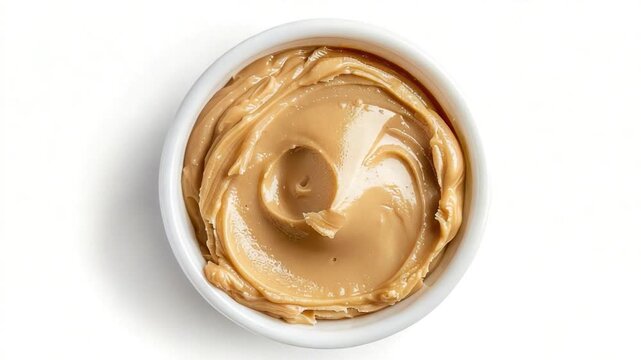 A bowl of creamy peanut butter sits on a clean white surface