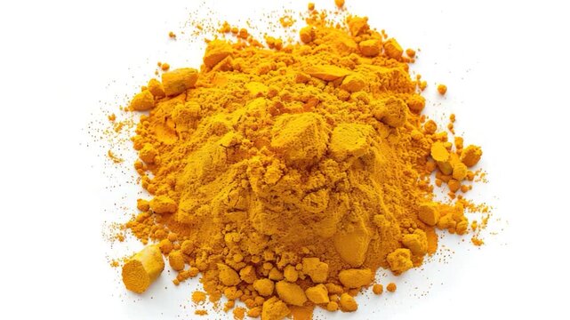 A pile of bright yellow tumeric powder sits on a white surface, ready for use in cooking or as a natural remedy