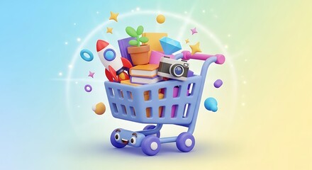Shopping cart filled with colorful gifts and toys with social media icons