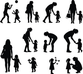 Mother and child silhouettes, family moments, parenting scenes, motherhood, care, bonding, love, daily activities, kids, women, interaction, walking, playing, holding hands, hugging, nurturing,
